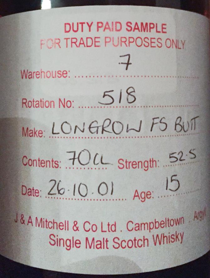 Longrow 2001 Duty Paid Sample For Trade Purposes Only Fresh Sherry Butt Rotation 518 52.5% 700ml
