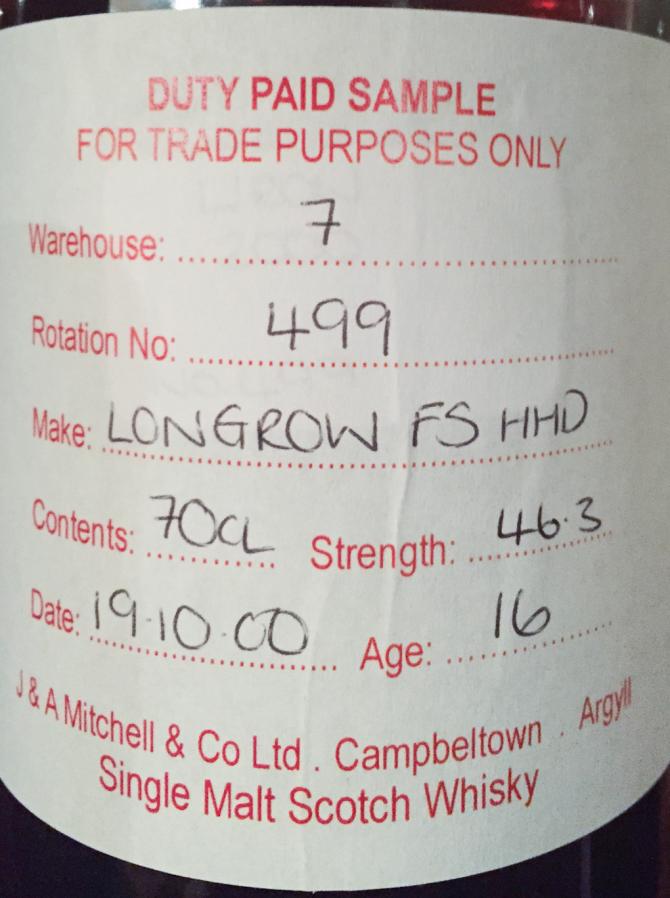 Longrow 2000 Duty Paid Sample For Trade Purposes Only Fresh Sherry Hogshead Rotation 499 46.3% 700ml