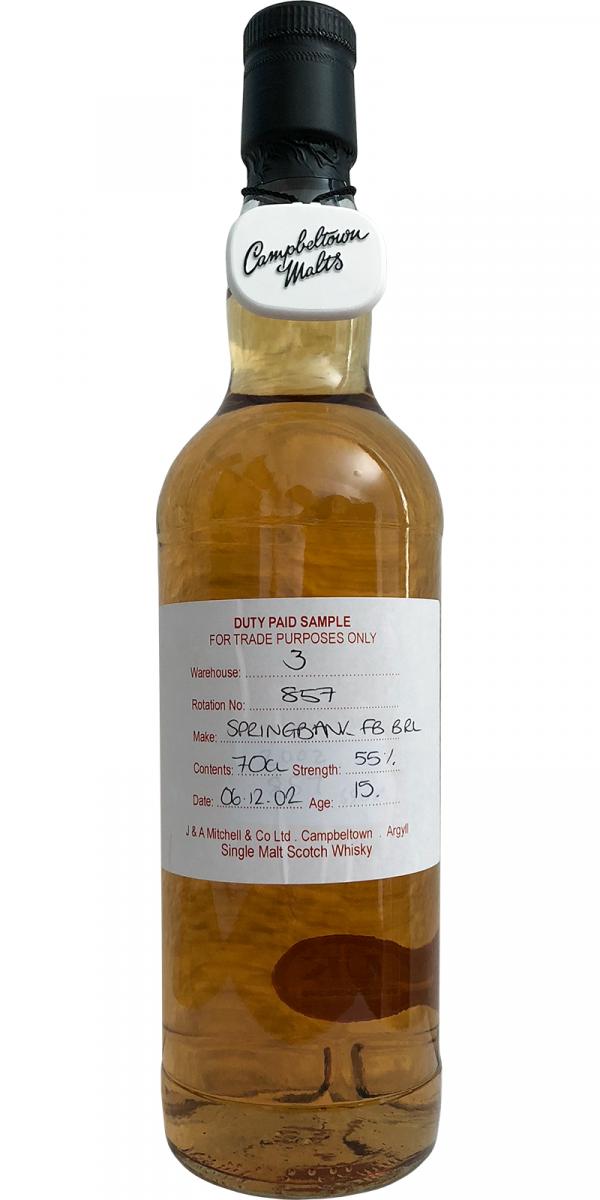 Springbank 2002 Duty Paid Sample For Trade Purposes Only 1st Fill Bourbon Barrel Rotation 857 55% 700ml
