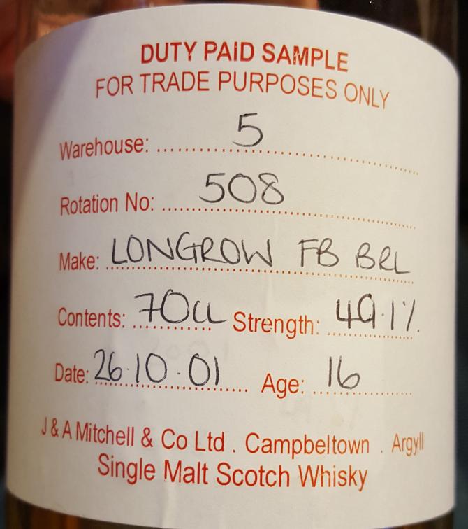 Longrow 2001 Duty Paid Sample For Trade Purposes Only 1st Fill Bourbon Barrel Rotation 508 49.1% 700ml