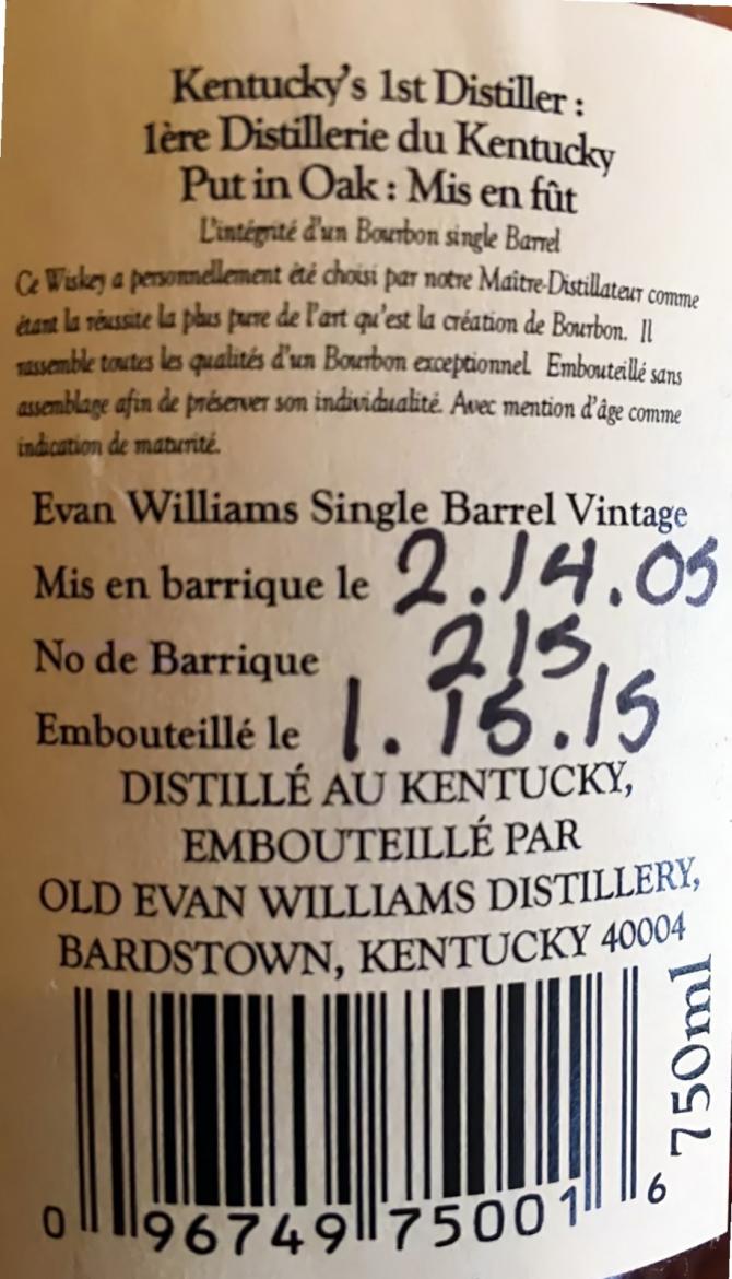 Evan Williams 2005 Single Barrel Vintage 215 43% 750ml