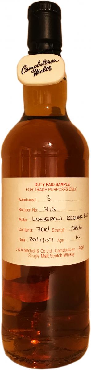 Longrow 2007 Duty Paid Sample For Trade Purposes Only Recharred Butt Rotation 713 58.6% 700ml