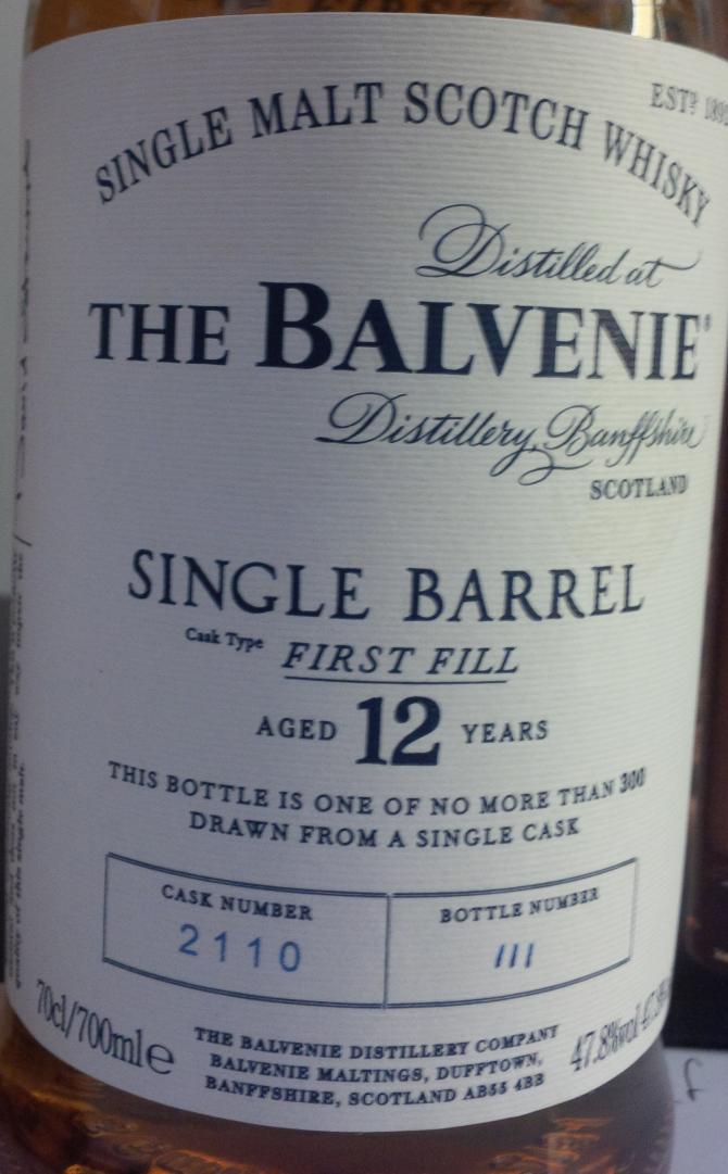 Balvenie 12yo Single Barrel 1st Fill Ex-Bourbon Barrel 2110 47.8% 700ml