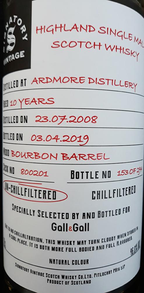 Ardmore 2008 SV Bourbon Barrel #800201 Gall & Gall 46% 700ml