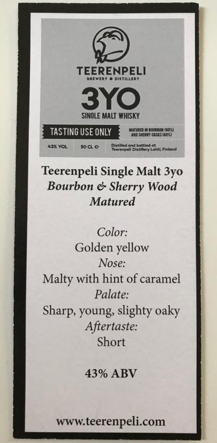 Teerenpeli 3yo Bourbon & Sherry Casks Tasting Use Only 60% 500ml
