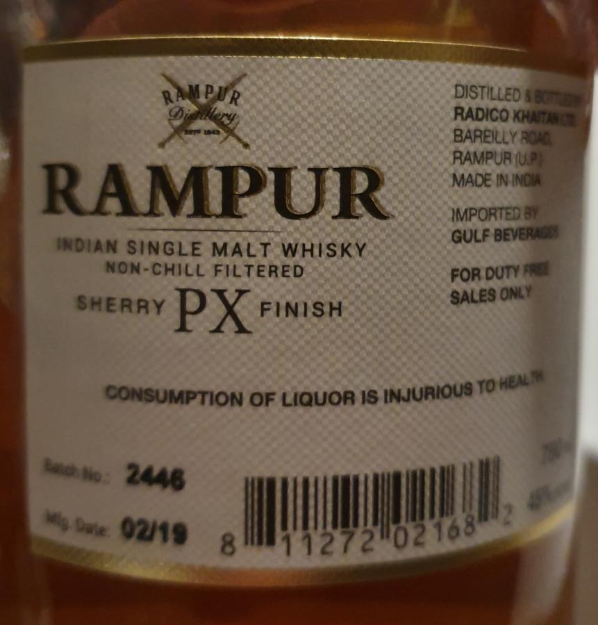 Rampur Sherry PX Finish Indian Single Malt Whisky American Oak + Sherry PX Butts Finish Batch 2446 Duty Free 45% 750ml