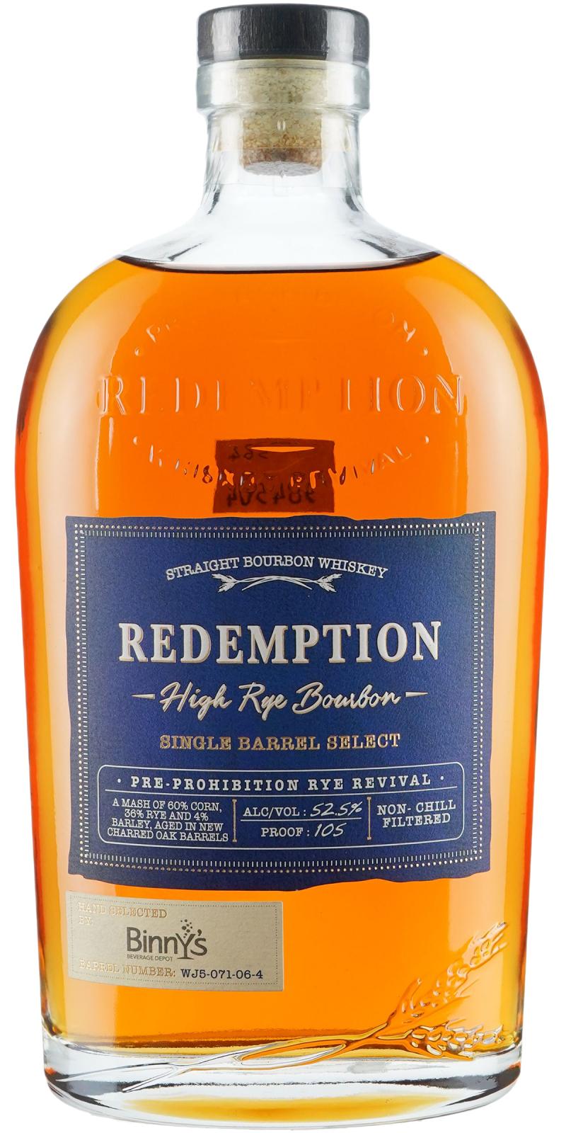 Redemption High Rye Bourbon Pre-Prohibition Rye Revival new charred oak barrels WES-060-06-4 Binny's beverage depot 52.5% 750ml