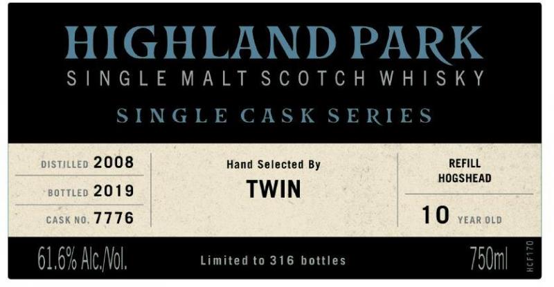 Highland Park 2008 Single Cask Series refill hogshead 7776 Hand selected by TWIN 61.6% 750ml