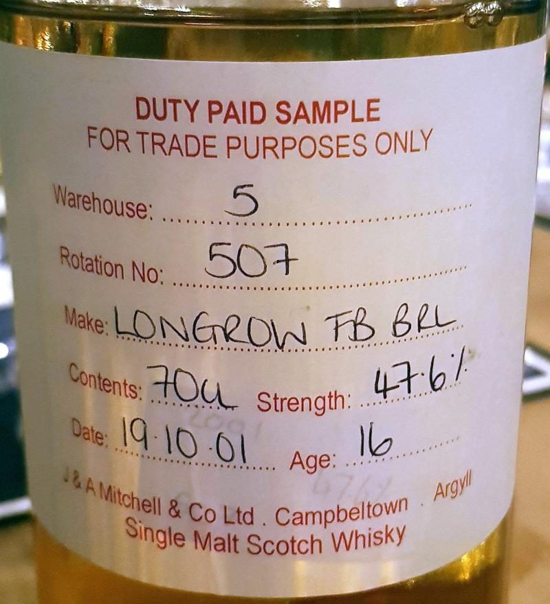Longrow 2001 Duty Paid Sample For Trade Purposes Only Fresh Bourbon Barrel Rotation 507 47.6% 700ml