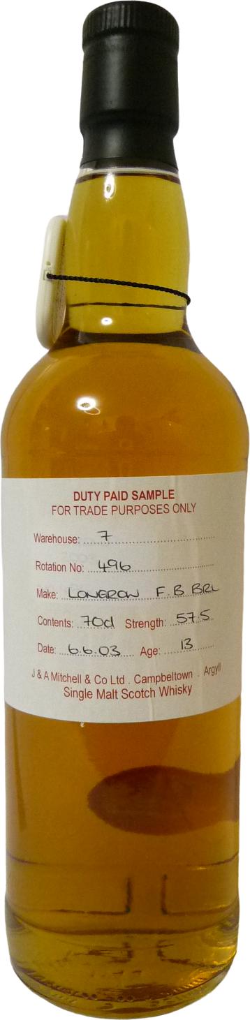 Longrow 2003 Duty Paid Sample For Trade Purposes Only Fresh Bourbon Rotation 496 57.5% 700ml