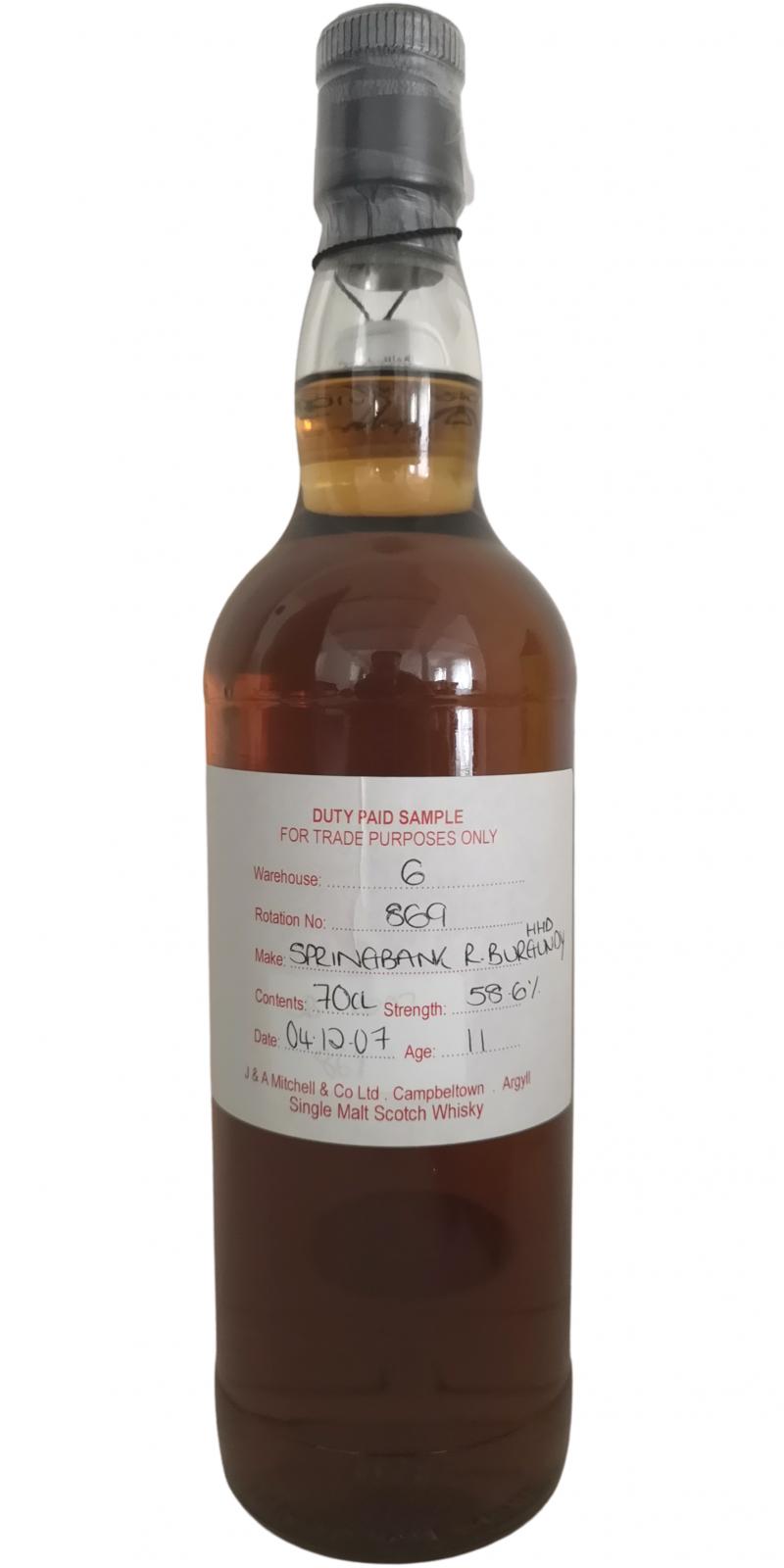 Springbank 2007 Duty Paid Sample For Trade Purposes Only Refill Burgundy Hogshead Rotation 869 58.6% 700ml