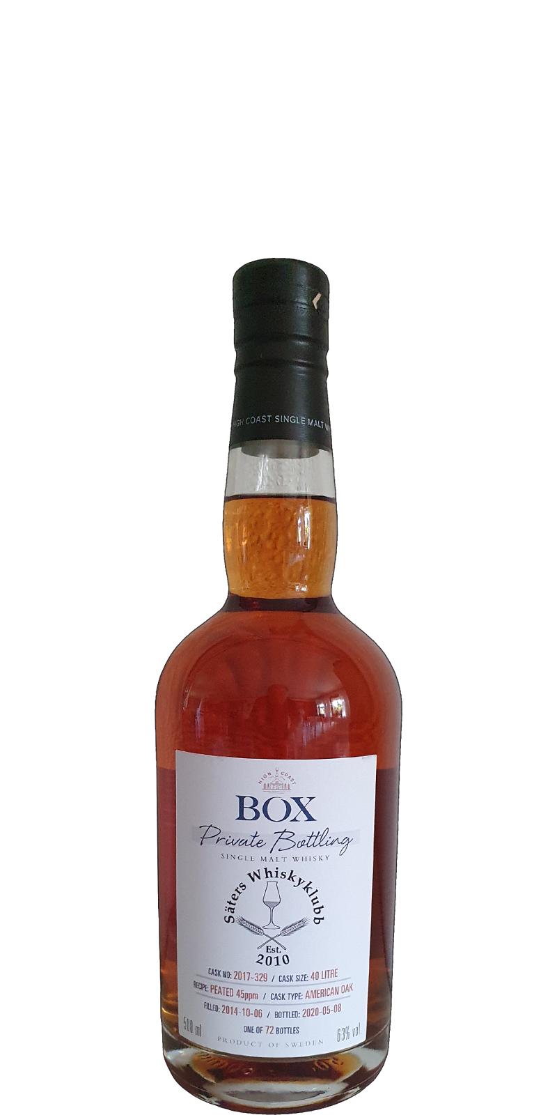 Box 2014 Saters Whiskyklubb Private Bottling American Oak 40 Litre 2017-329 63% 500ml
