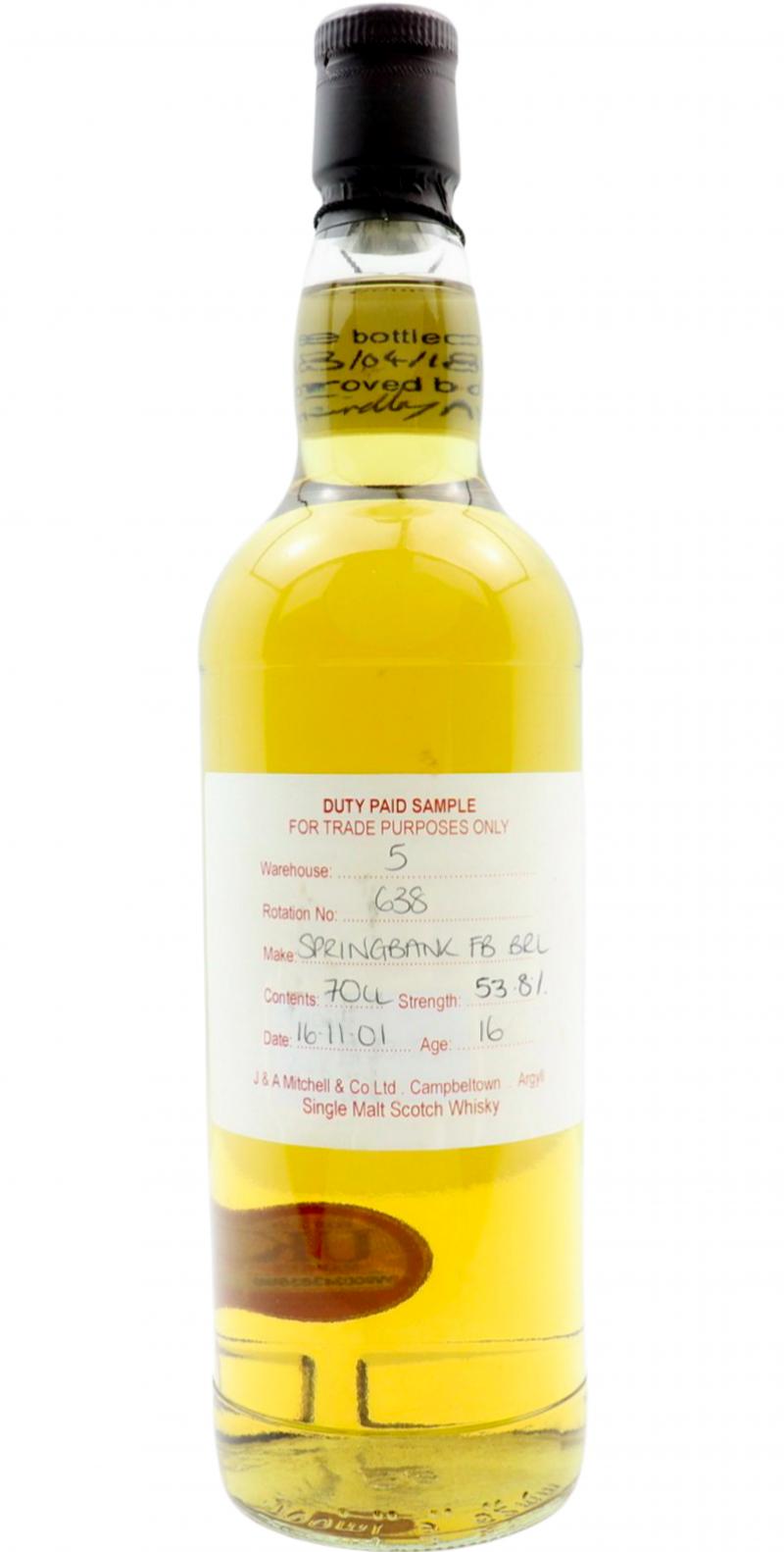 Springbank 2001 Duty Paid Sample For Trade Purposes Only Fresh Bourbon Barrel Rotation 638 53.8% 700ml