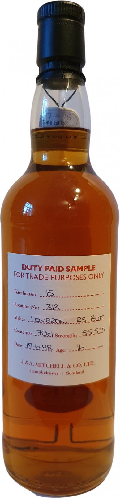 Longrow 1998 Duty Paid Sample For Trade Purposes Only Refill sherry butt Rotation 313 55.5% 700ml