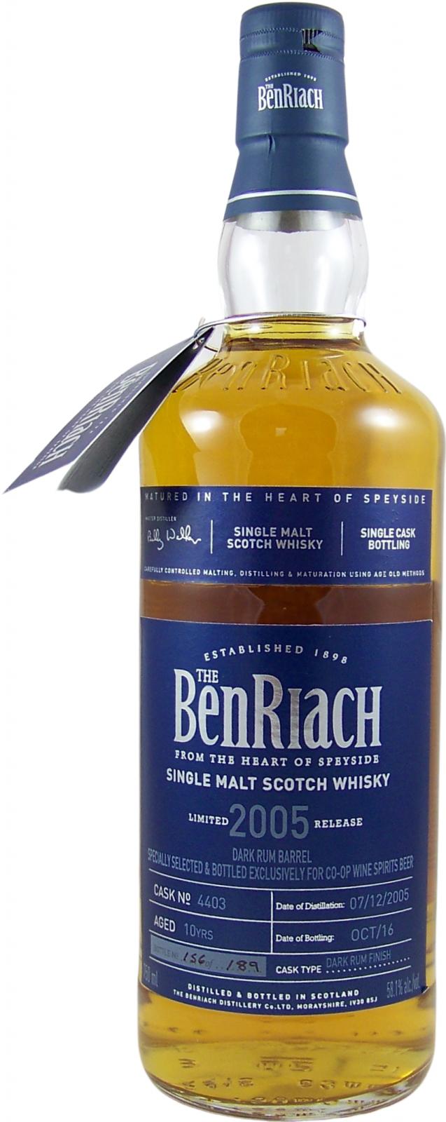BenRiach 2005 Cask Bottling Dark Rum Finish 4403 Co-Op Wine & Spirits 58.1% 750ml