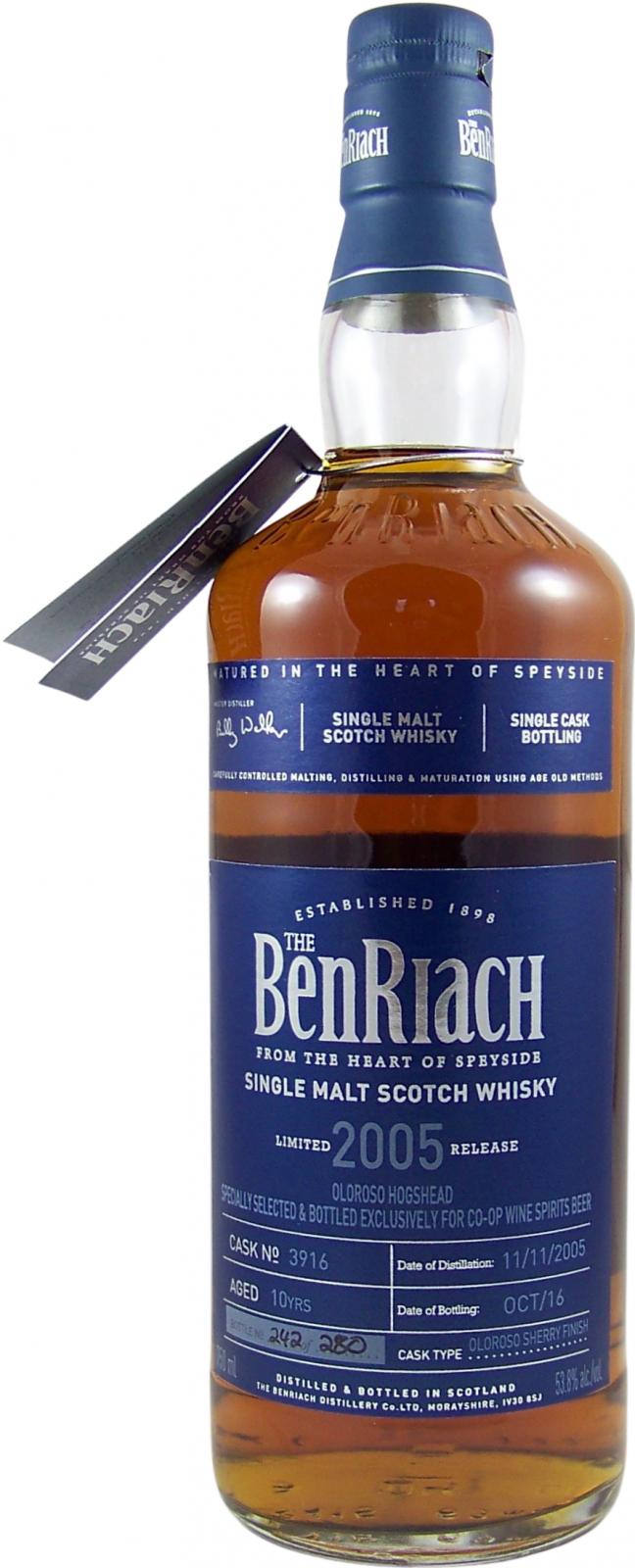 BenRiach 2005 Cask Bottling Oloroso Sherry Finish #3916 Co-Op Wine & Spirits 53.8% 750ml