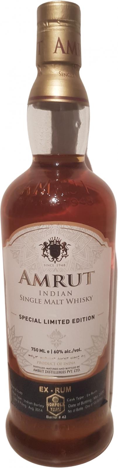 Amrut 2014 Special Limited Edition Ex-Rum 5149 Norfolk Wine & Spirit U.S.A 60% 750ml
