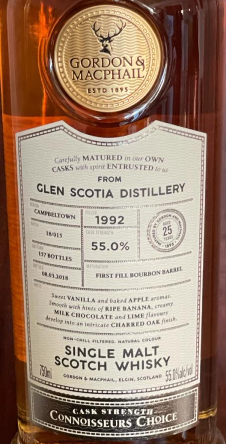Glen Scotia 1992 GM 1st Fill Bourbon Barrel Batch 18/015 55% 700ml
