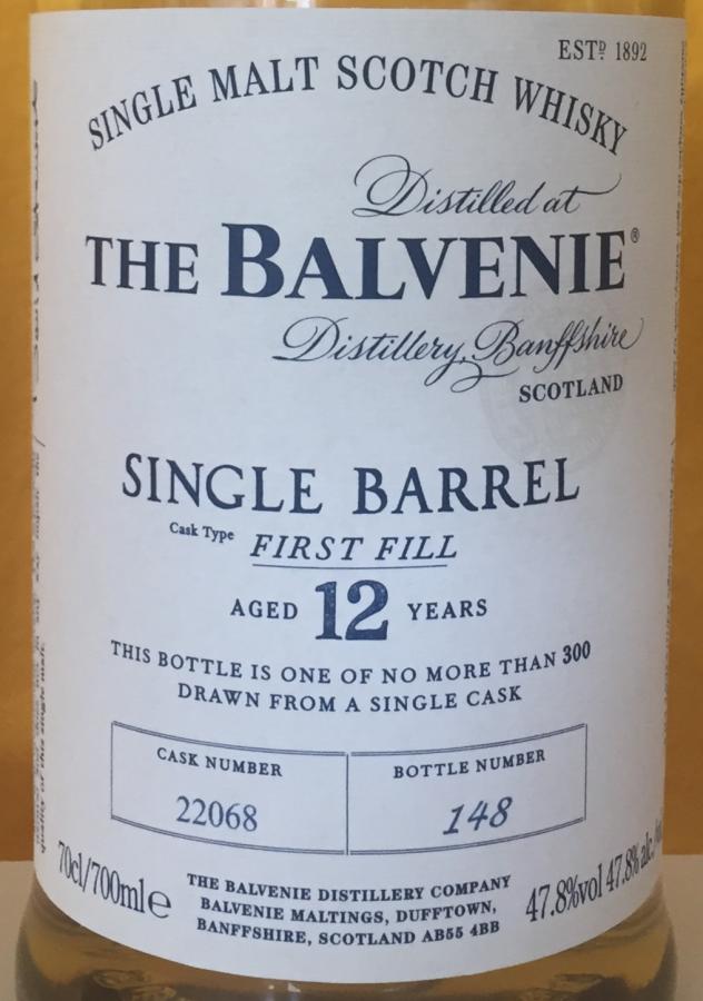 Balvenie 12yo 1st Fill Ex-Bourbon Barrel #22068 47.8% 700ml
