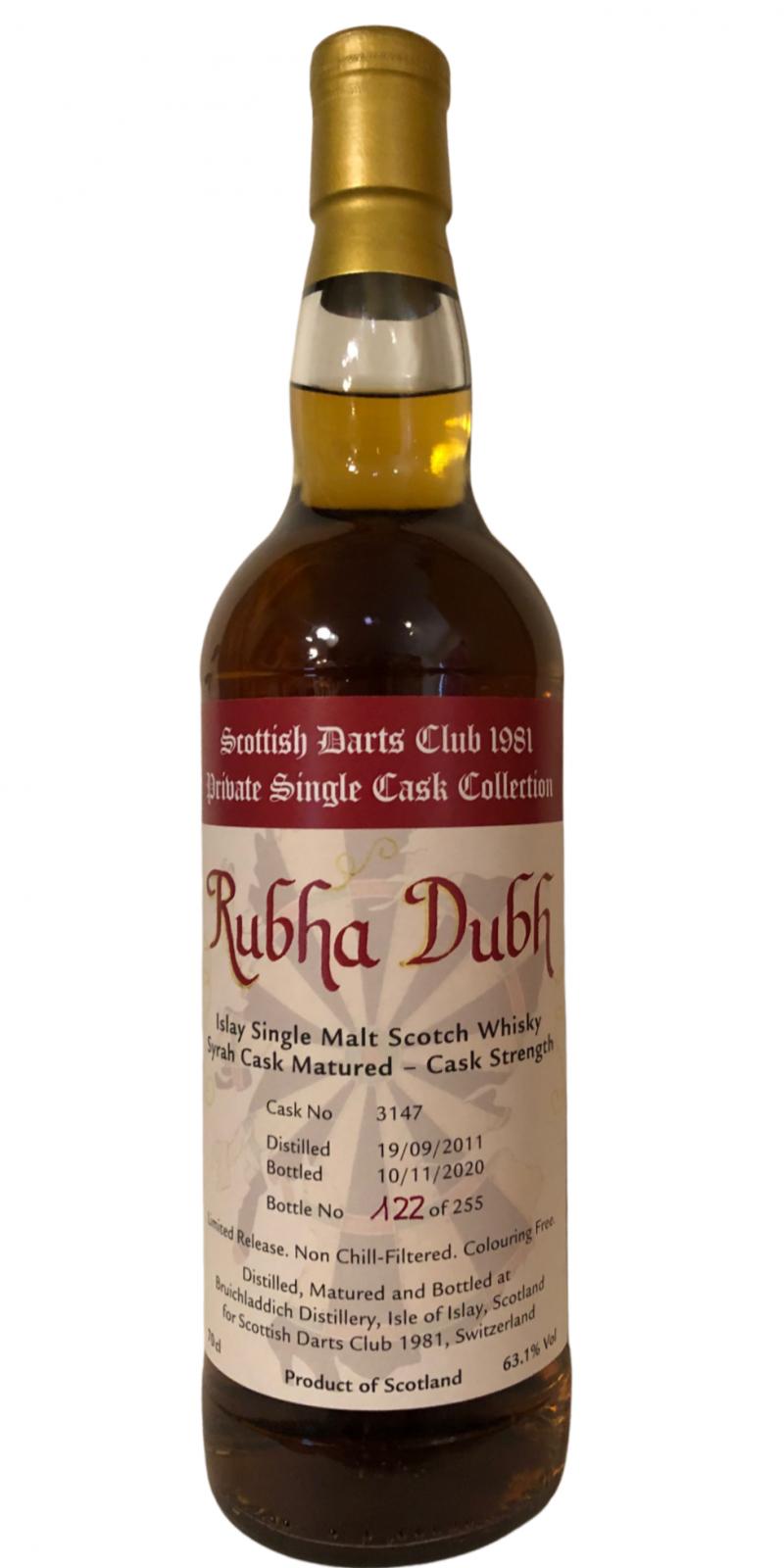 Bruichladdich 2011 Rubha Dubh Private Single Cask Bottling Syrah Hogshead #3147 Scottish Darts Club 1981 Switzerland 63.1% 700ml