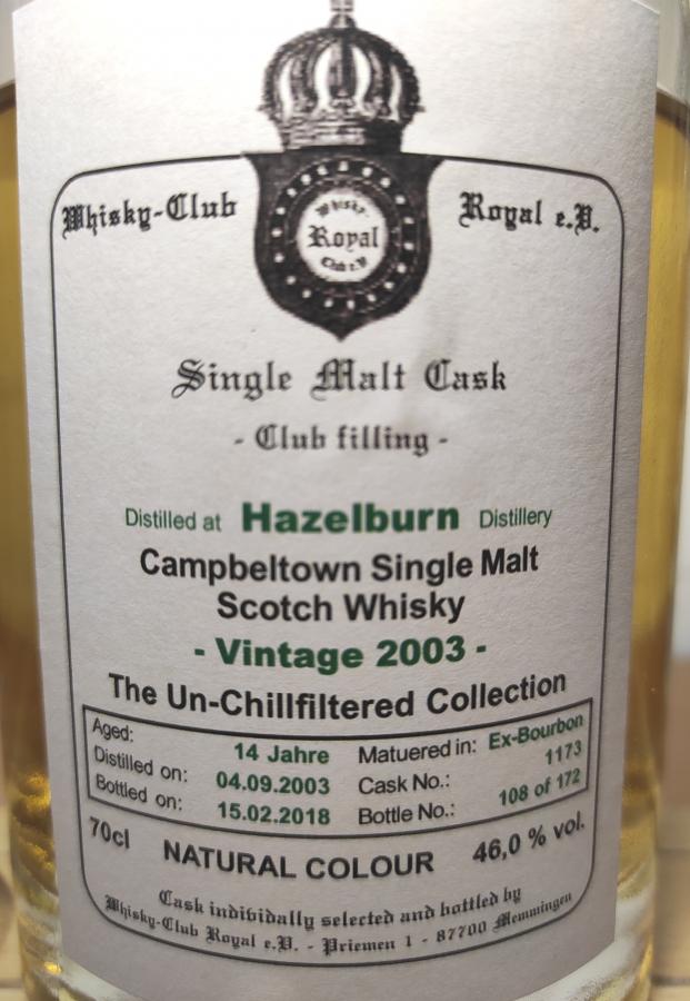 Hazelburn 2003 WCoA Vintage Ex-Bourbon 1173 Whisky-Club Royal e.V 46% 700ml