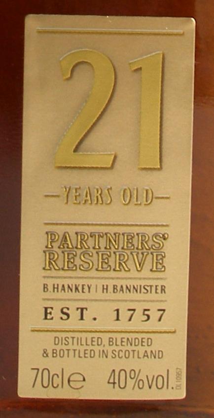 Hankey Bannister 21yo Partners Reserve Ex-Bourbon & Ex-Sherry 40% 700ml