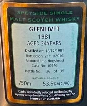 Glenlivet 1981 SV Cask Strength Collection Hogshead Signatory Vintage Scotch Whisky Co. Ltd 53.5% 750ml