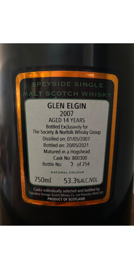 Glen Elgin 2007 SV The Society & Norfolk Whisky Group 53.3% 750ml