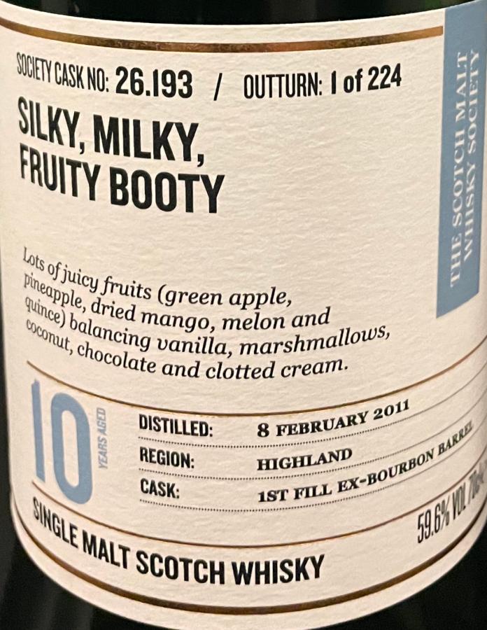 Clynelish 2011 SMWS 26.193 Silky milky fruity booty 1st fill bourbon barrel 59.6% 700ml