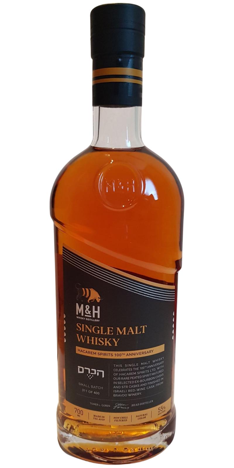 M&H Single Malt Whisky Small Batch Israeli Red Wine Hacarem Spirits 100th Anniversary 55% 700ml