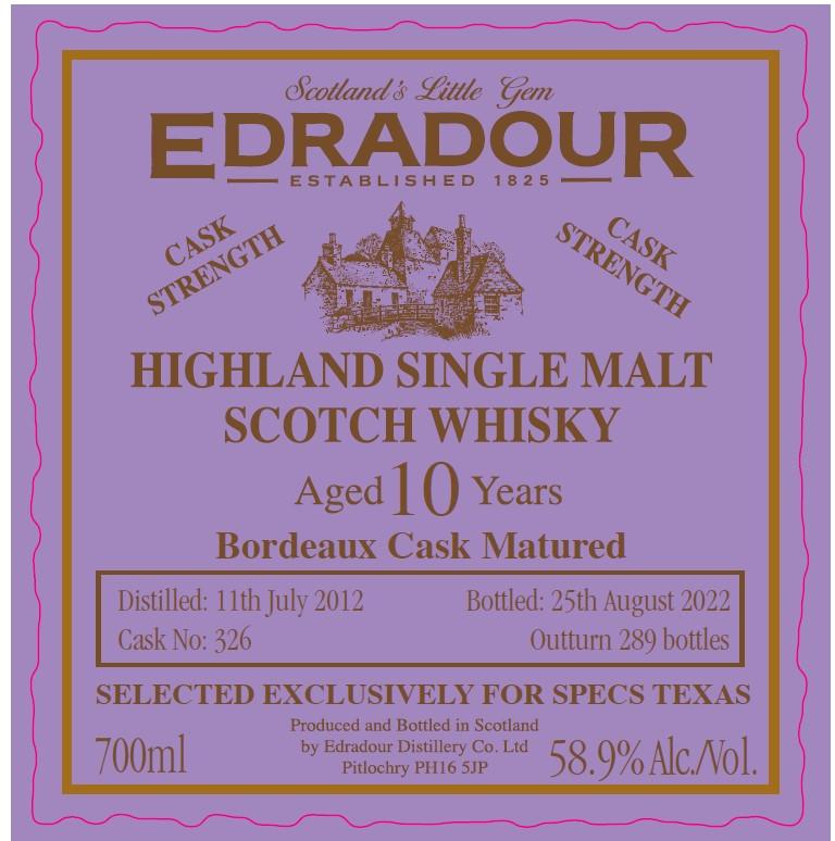 Edradour 2012 Bordeaux Cask Matured Bordeaux Cask Specs Texas exclusively 58.9% 700ml