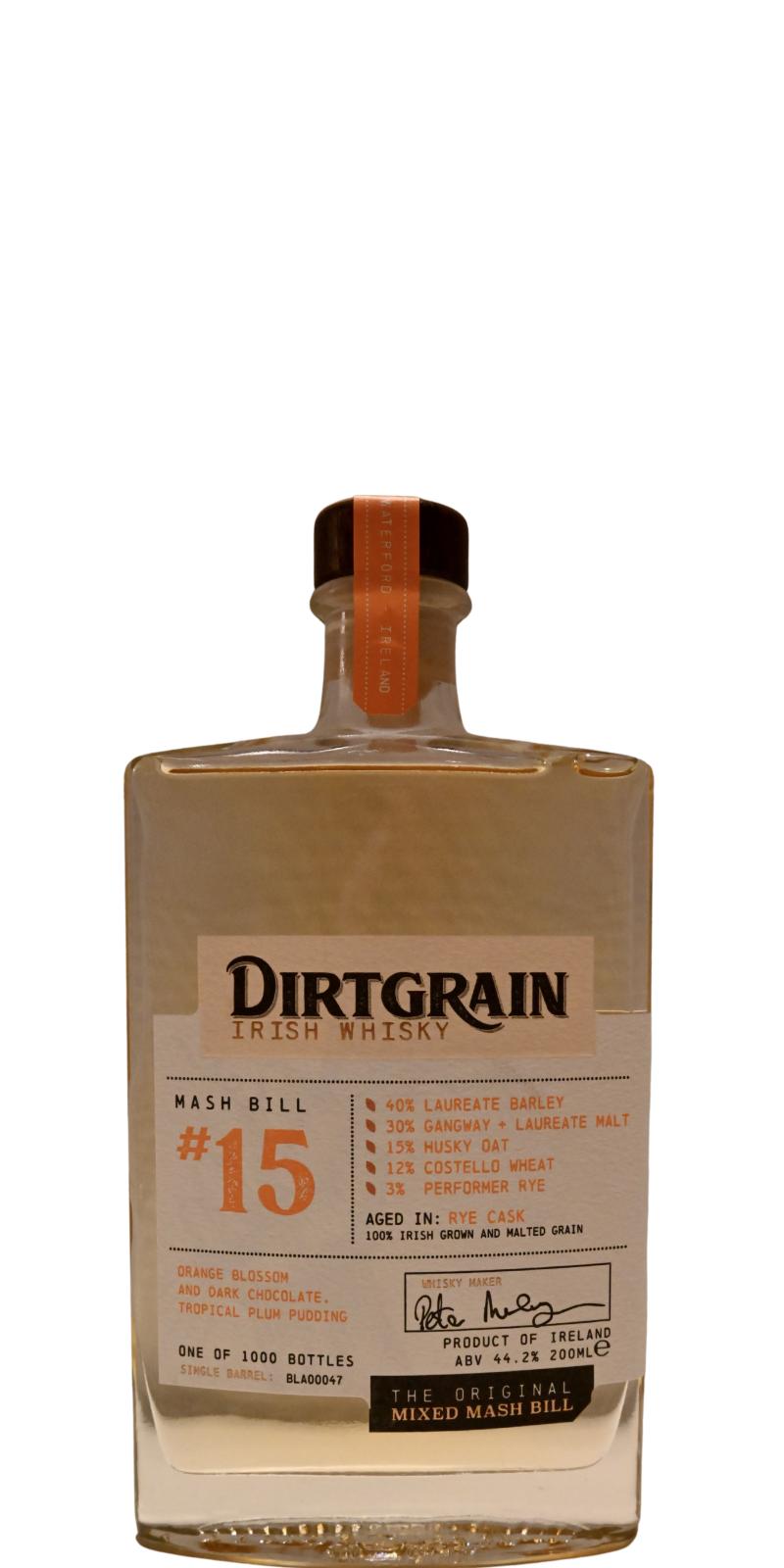 Blackwater Dirtgrain Irish Whisky The Manifesto Release Mash Bill #15 Rye Cask 44.2% 200ml