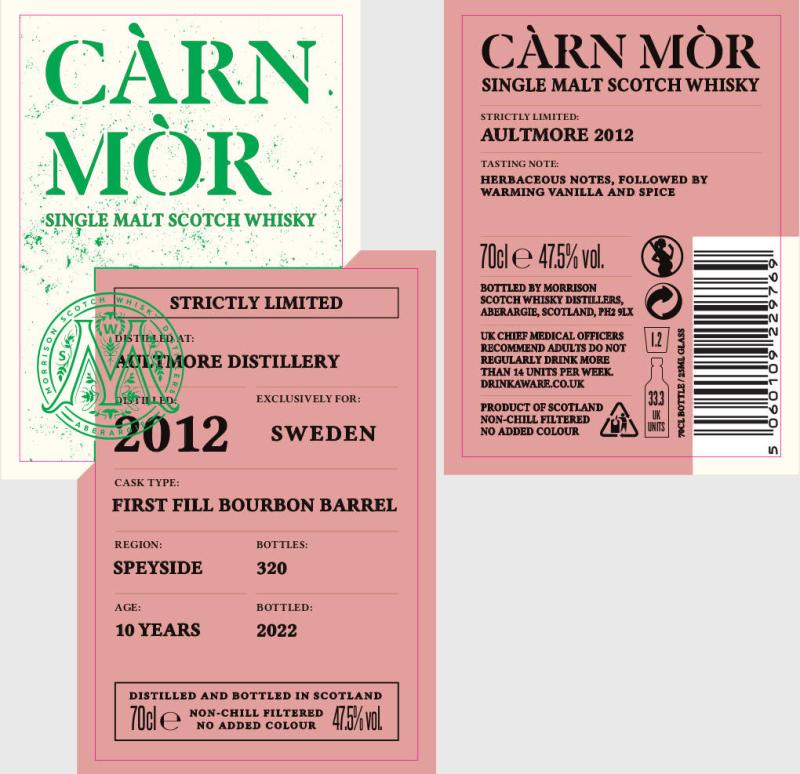 Aultmore 2012 MSWD Carn Mor Strictly Limited 1st fill bourbon barrel Sweden 47.5% 700ml