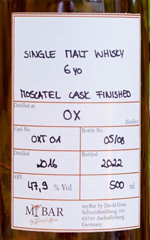 Single Malt Whisky 2016 myBar OX Moscatel Cask Finish 47.9% 500ml