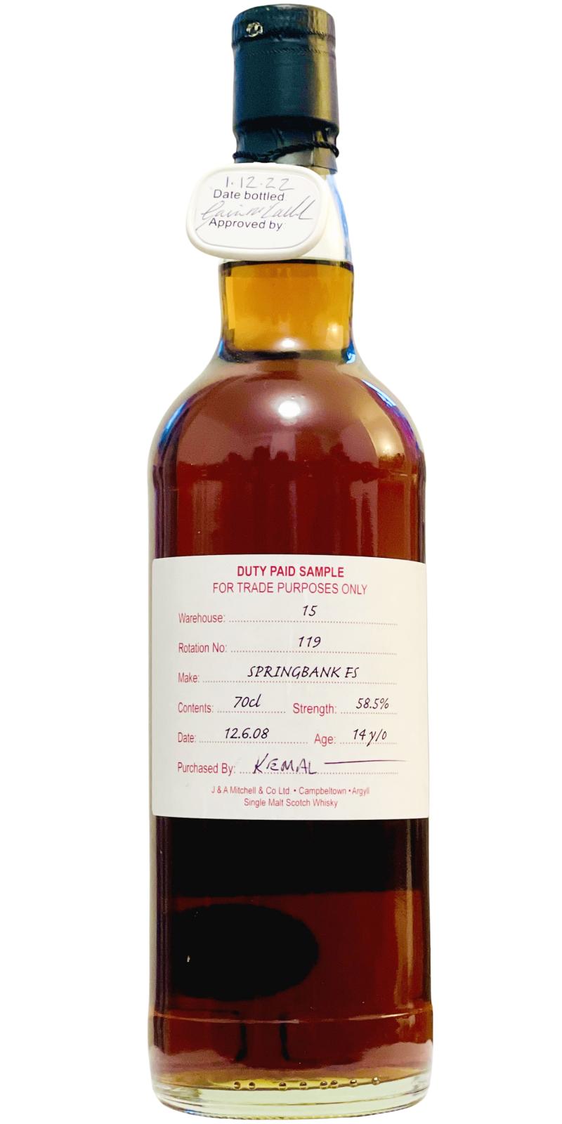 Springbank 2008 Duty Paid Sample For Trade Purposes Only Fresh Sherry 58.5% 700ml