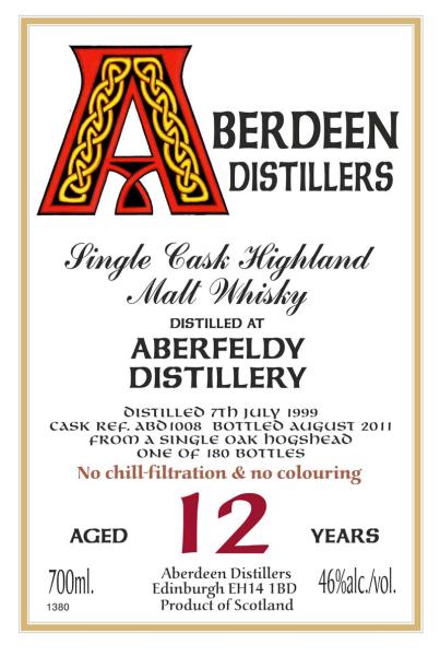 Aberfeldy 1999 BA Aberdeen Distillers Oak Hogshead 1008 46% 700ml
