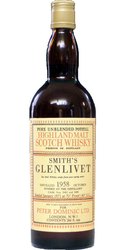 Glenlivet 1958 Smith's Pure Unblended Potstill Highland Malt Scotch Whisky Sherry Wood 2483 + 2484 Peter Dominic Ltd 40% 750ml