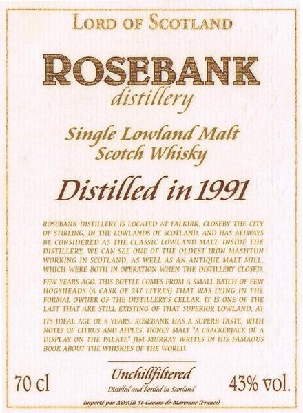 Rosebank 1991 UD Lord of Scotland Hogsheads 43% 700ml