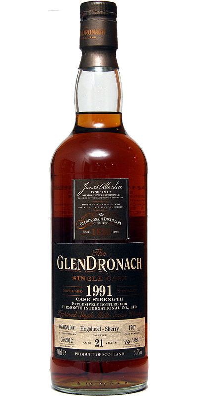 Glendronach 1991 Single Cask Hogshead Sherry #1707 Piemonte International Co. LTD Taiwan 51.7% 700ml