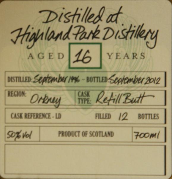 Highland Park 1996 DoD Refill Butt LD 8779 for La Boutique du Chemin 50% 700ml