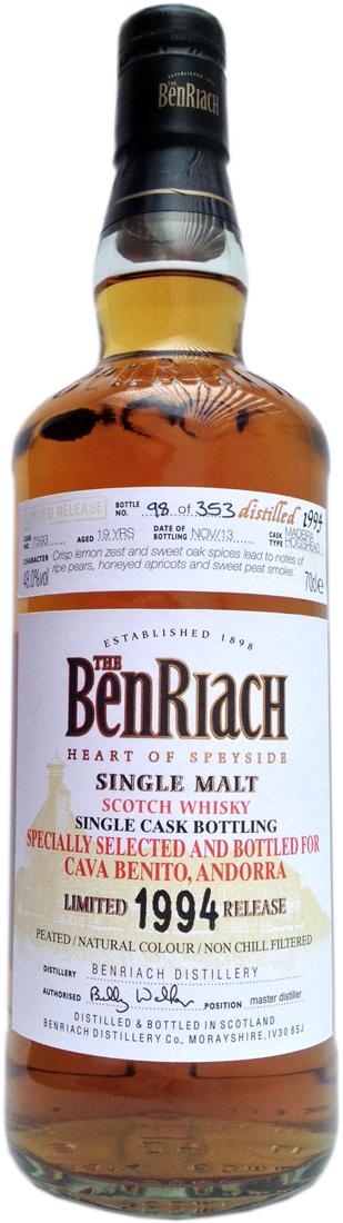 BenRiach 1994 Single Cask Bottling Madeira Hogshead #7593 Cava Benito 48% 700ml