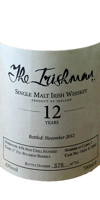 The Irishman 12yo Single Malt Irish Whisky 1st Fill Bourbon Barrels 70691 + 70692 43% 700ml