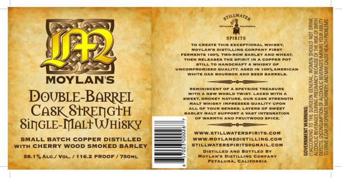 Moylan's Double-Barrel Cask Strength Single-Malt Whisky American White Oak Bourbon & Beer Barrels 58.1% 750ml