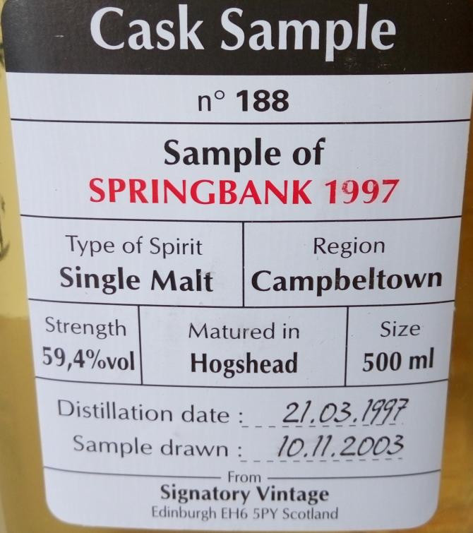 Springbank 1997 SV Cask Sample Hogshead 188 59.4% 500ml