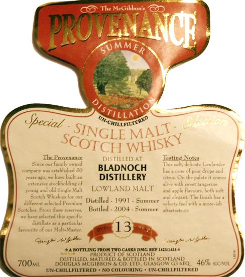 Bladnoch 1991 McG McGibbon's Provenance Two Casks DMG 1423 + 24 46% 700ml