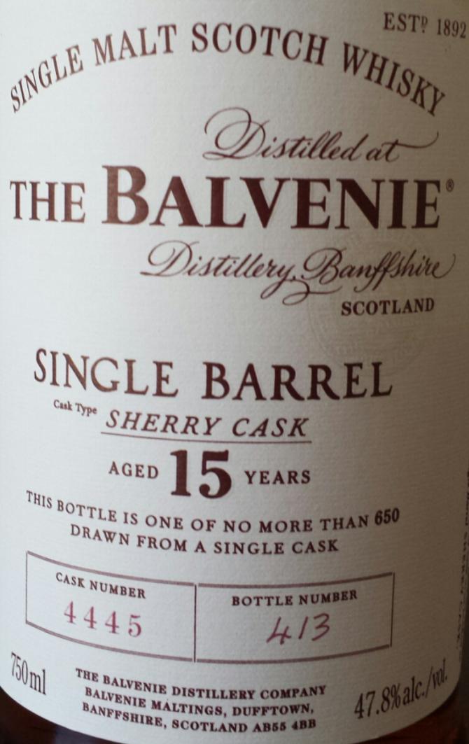 Balvenie 15yo Single Barrel Sherry Cask 4445 47.8% 750ml