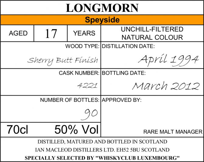 Longmorn 1994 IM Sherry Butt Finish 4221 Whiskyclub Luxembourg 50% 700ml
