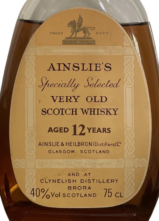 Ainslie's 12yo Specially Selected Very Old Scotch Whisky M. Di Chiano Import Milano 40% 750ml