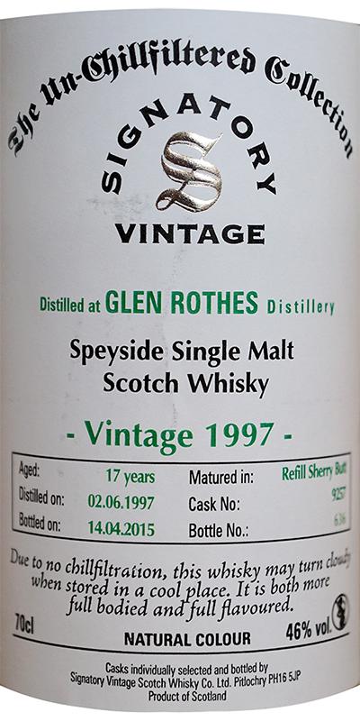 Glenrothes 1997 SV The Un-Chillfiltered Collection Refill Sherry Butt 9257 46% 700ml