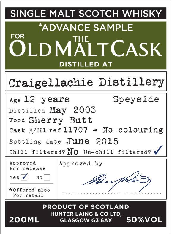 Craigellachie 2003 HL Advance Sample for the Old Malt Cask Sherry Butt HL 11707 50% 200ml